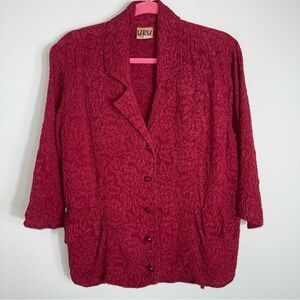 URU Vintage Textured 100% Silk Blouse-Dark Red-Long Sleeve-One Size